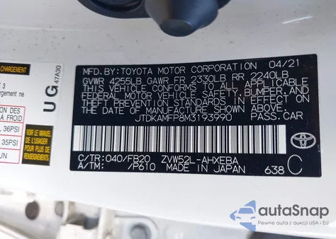 2021 Toyota Prius Prime Le z USA, uszkodzony, nr VIN JTDKAMFP8M3193990